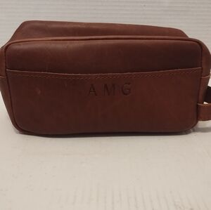 Men's Dopp Kit Travel Toiletry Bag Tan Leather Embroidered AMG Monogram 10x6x4